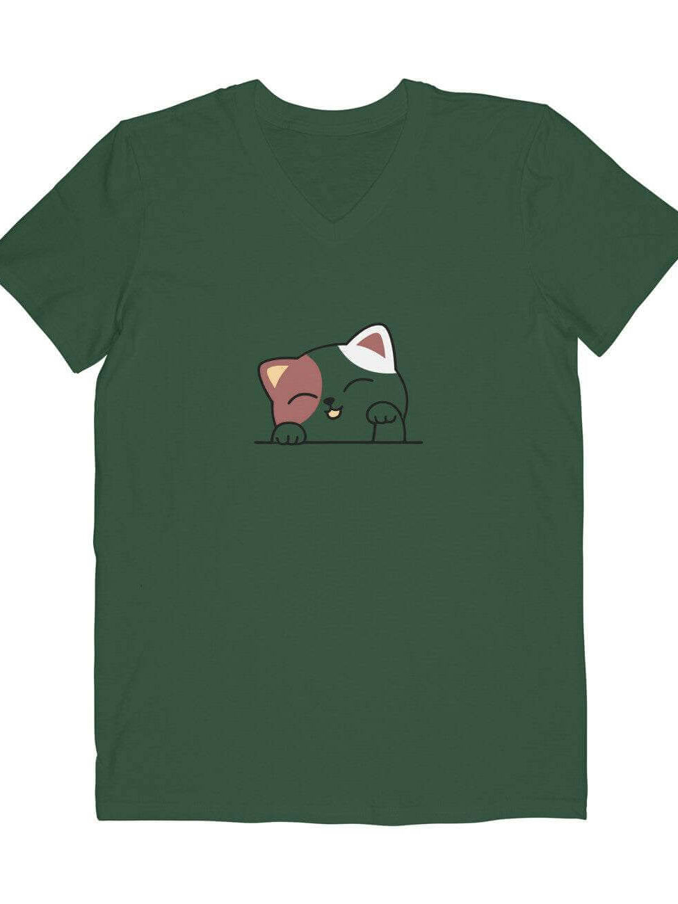 FluffyPaw Logo V-Neck T-shirt in dark green with a cute cat design centered on the chest.