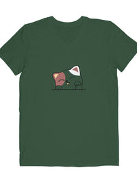 FluffyPaw Logo V-Neck T-shirt in dark green with a cute cat design centered on the chest.