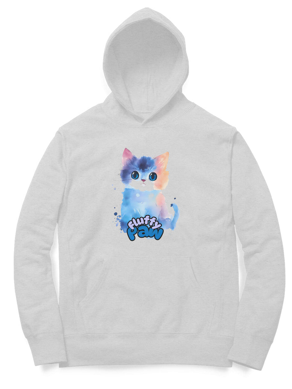 Pastel Fluffy Paw Hoodie with cat design, unisex, eco-friendly inks, cotton blend, regular fit.