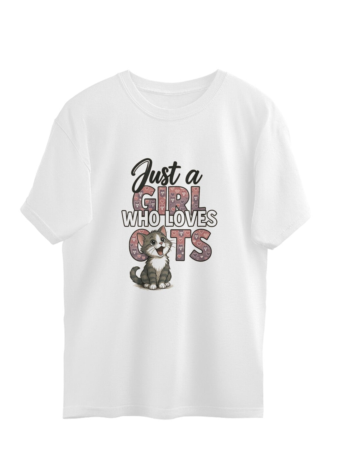 White oversized t-shirt with "Just a Girl Who Loves Cats" text and cute cat graphic, soft cotton, eco-friendly print, unisex fit.